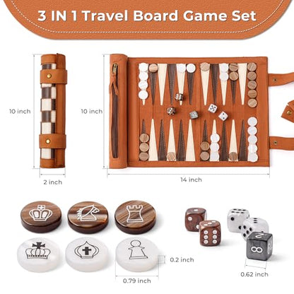 Woodronic 3 in 1 Travel Chess Backgammon Checkers Set, Roll-up Leather Backgammon Set with 32 Premium Pearl Pieces and 5 Dices, Portable Travel Chess Board Game Set for Adult,14x10 Inch - color: Brown