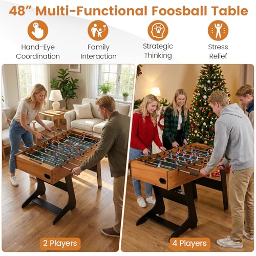 Goplus Folding Foosball Table, 48'' Full Competition Size Freestanding Soccer Game Table with 22 Players, 2 Balls, Space-Saving Foldable Arcade Table for Adults Family Game Night - color: Natural
