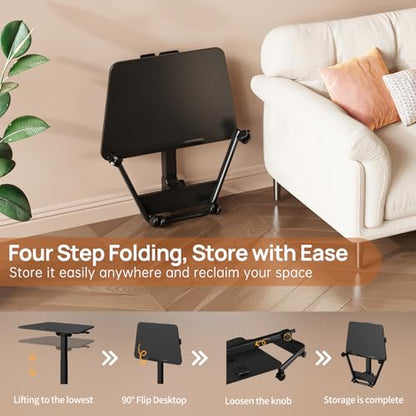 Foldable Mobile Standing Desk, Pneumatic Height Adjustable Rolling Sit Stand Desk, 90° Tiltable Portable Laptop Cart on Wheels, Mobile Desk Workstation for Home Office, Easy to Fold - color: Black
