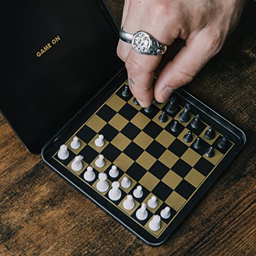 Iron And Glory | Magnetic Travel Chess Set | Mini Chess Sets | Travel Essentials & Games for Adults | Black and Gold Chess Board with Case | Travel Games with Magnetic Board - color: Travel Chess