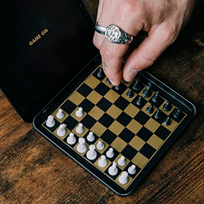 Iron And Glory | Magnetic Travel Chess Set | Mini Chess Sets | Travel Essentials & Games for Adults | Black and Gold Chess Board with Case | Travel Games with Magnetic Board - color: Travel Chess