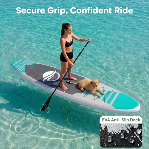 SereneLife 10’6" Inflatable Stand Up Paddle Board with Premium SUP Accessories - Wide Stable Design with Non-Slip EVA Deck Pad, for Youth and Adults, 350 lbs. Capacity - color: Sea Green