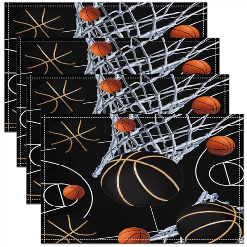 Castle Fairy Basketball Kids Placemats Set of 4,Ball Sport Games Theme Table Place Mats,Outdoor Sport Lover Kitchen Decor,Black Orange Placemat Kitchen Table Decoration 12"x18" - color: Black Orange