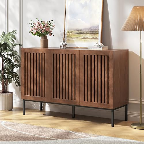 BVIUNTWO Modern Storage Cabinet with Slatted Doors,Sideboard Buffet Cabinet with Adjustable Shelf and Metal Legs for Kitchen,Dining Room,Living Room,47 Inch, Brown - size: 47 Inch