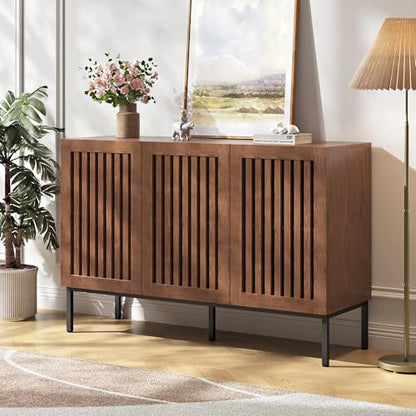 BVIUNTWO Modern Storage Cabinet with Slatted Doors,Sideboard Buffet Cabinet with Adjustable Shelf and Metal Legs for Kitchen,Dining Room,Living Room,47 Inch, Brown - size: 47 Inch