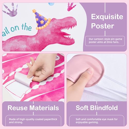 WERNNSAI Pin The Tail on The Dinosaur Game - Girl Dinosaur Party Decorations, 28" x 21" Dino Birthday Games for Kids, Includes Poster, Blindfold, 24 Pink Tails, 20 Dot Stickers - style: Dinosaur F