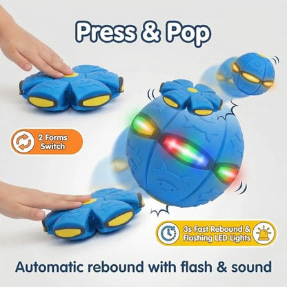 2 Pack Magic Transforming Pop-Up Ball with 6 LED Lights, 2-in-1 Flying Disc and Bouncy Ball Toy, Glow in the Dark Outdoor Game, Light Up Toss and Catch Sports Toy for Kids, Party & Birthday Favors