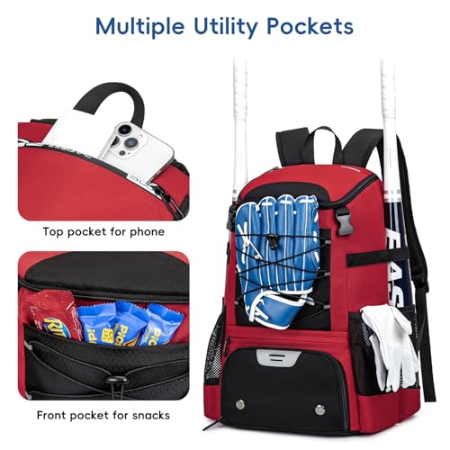 KAVIGOR Baseball Bag for Youth and Adult, Softball Backpack 40L Large Capacity, Bat Backpack with Shoes Compartment and Hidden Helmet Holder - color: Red