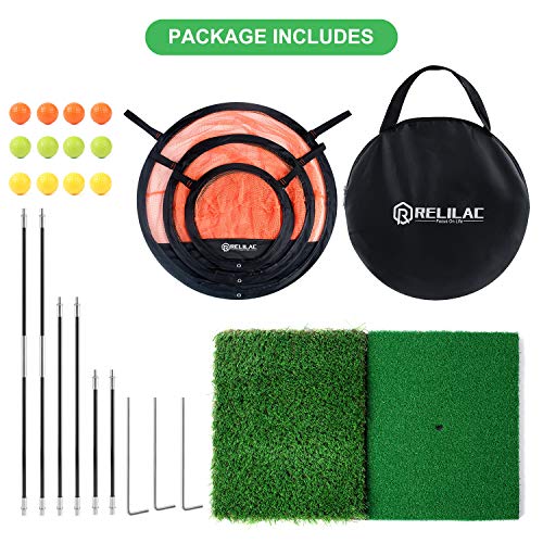RELILAC Pop Up Golf Chipping Practice Net Set - Indoor/Outdoor Golfing Target Accessories for Golf Practice - Improve Your Short Game - Gifts for Men, Dad, Mom, Husband, Women, Kid, Golfers - style: Net + Mat + 12Balls