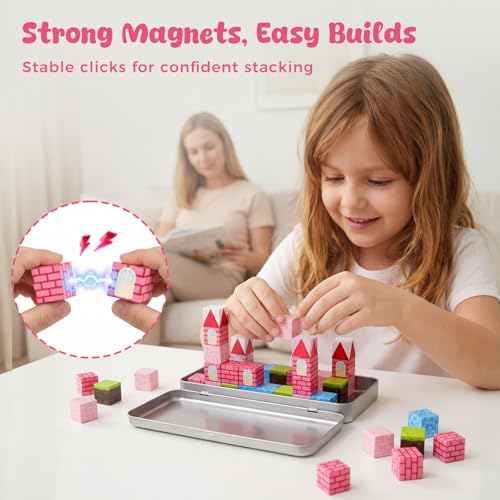 3 otters 32PCS Magnetic Building Blocks Princess Castle Travel Set, STEM Magnet Cubes Toys with Metal Storage Box for Kids, Birthday Gifts for Toddler Girls - style: Fantasy Castle
