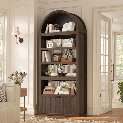 81" Tall Arched Cabinets,Bookcase with Drawer storage,Mid-Century Modern 5-Tier Bookshelf,2 Book Risers and Adjustable Shelves offering more storage space for Living Room,Kitchen,Home Office,Walnut - color: Walnut+drawer, size: Large