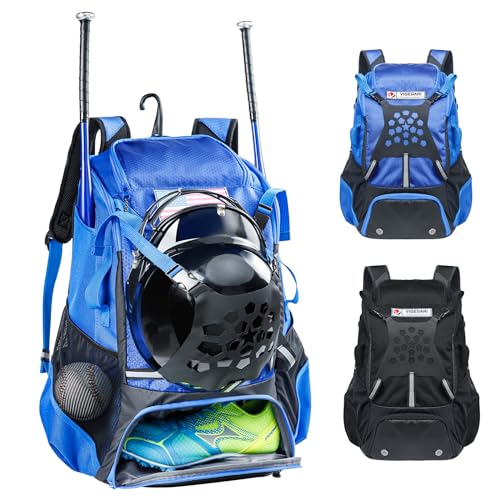 Baseball Backpack for Youth, Boys, Adults - Bat and Softball Equipment Bag With Glove Holder, Helmet, Shoes Compartment - T-Ball Accessories and Baseball Gifts - color: Blue-42L