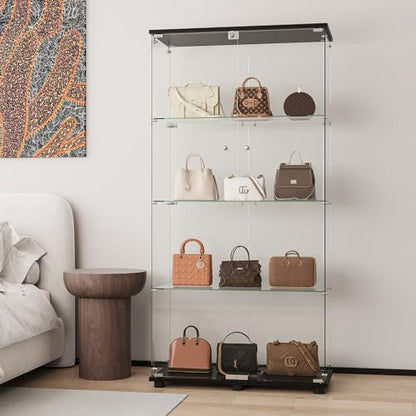 Glass Display Cabinet with 4-Shelf Double Doors and Lock, Curio Cabinet 5mm Tempered Glass Floor Standing Bookshelf for Living Room, Bedroom, Office, 64 x 31.7 x 14.3 in, Black - size: 2-Door 4-Shelf
