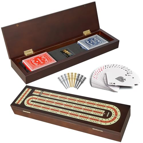 BIVOMON Cribbage Board Game Set Continuous 3 Track Wooden Board with Magnetic Lock, 9 Metal Pegs, 2 Playing Cards, Large Storage Area, Travel Portable Travel Cribbage Boards for Adult Child