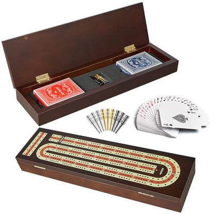 BIVOMON Cribbage Board Game Set Continuous 3 Track Wooden Board with Magnetic Lock, 9 Metal Pegs, 2 Playing Cards, Large Storage Area, Travel Portable Travel Cribbage Boards for Adult Child