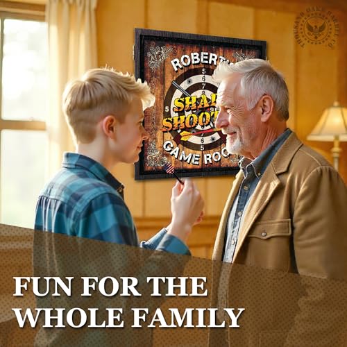 Personalized Dart Board Cabinet Set with 6 Steel Tip Darts, Paper Dartboard, Chalk & Eraser (21.5 x 21.5 x 2.75) - Man Cave Dart Boards for Adults - style: Sharpshooter