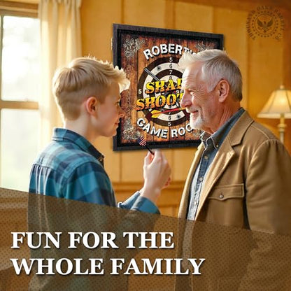 Personalized Dart Board Cabinet Set with 6 Steel Tip Darts, Paper Dartboard, Chalk & Eraser (21.5 x 21.5 x 2.75) - Man Cave Dart Boards for Adults - style: Sharpshooter