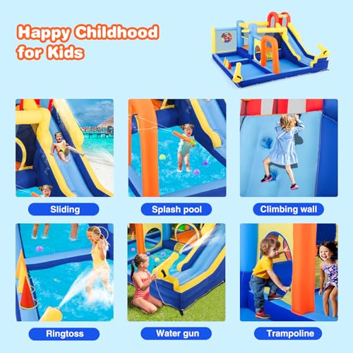 JOYLDIAS Inflatable Water Slide,Water Park Bounce House,Slide Bouncer Castle Playhouse w/Splash Pool, Climbing Wall, Trampoline，Felt Ball Target, Ring Toss Game for Kids Outdoor Fun, 550W Air Blower - color: Multicolor