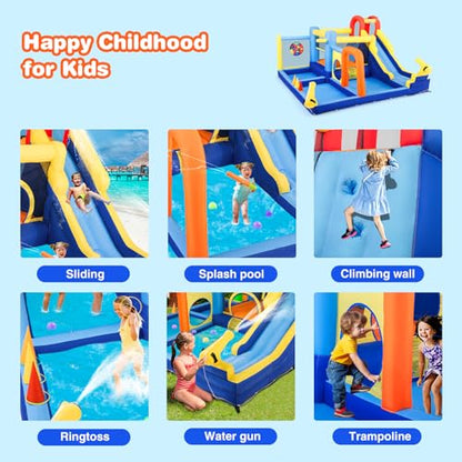 JOYLDIAS Inflatable Water Slide,Water Park Bounce House,Slide Bouncer Castle Playhouse w/Splash Pool, Climbing Wall, Trampoline，Felt Ball Target, Ring Toss Game for Kids Outdoor Fun, 550W Air Blower - color: Multicolor