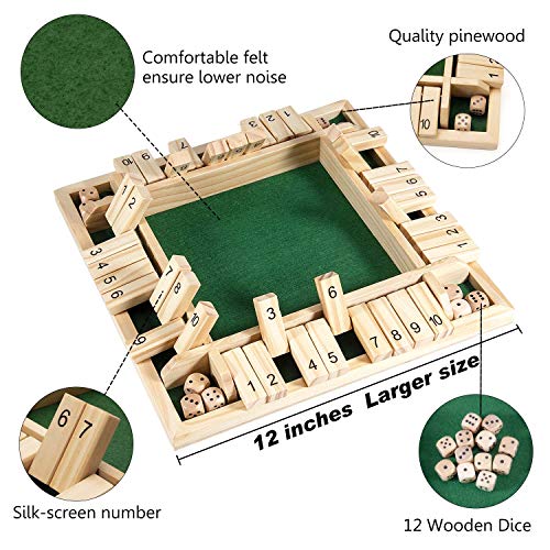 AMEROUS 12 Inches Shut The Box Family Game (1-4 Players), 4 Sided Large Wooden Number Dice Board Game with 12 Dices and Shut The Box Rules for Kids, Adults - size: 12 inches