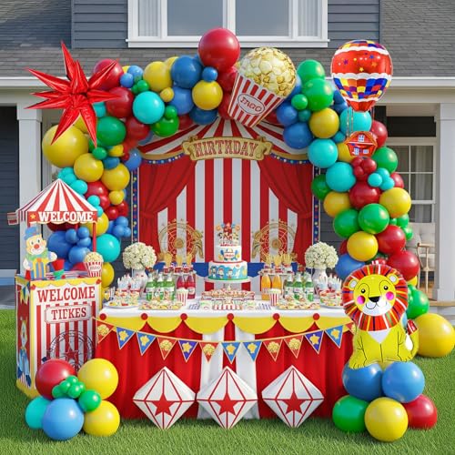 117PCS carnival circus Balloon garland kit with Red Blue Yellow Teal and Lion & Popcorn & Hot Air Balloon and Link Balloons for cartoon clown Theme birthday Party Decorations
