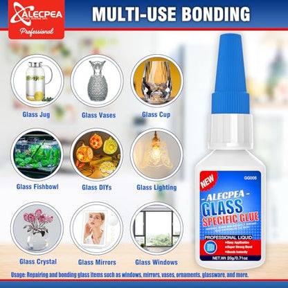 ALECPEA 20g Glass Glue - Crystal Clear Invisible Adhesive for Glass Repair, Jewelry & Art - Waterproof & Heat-Resistant Bond for Mirrors, Crystals & Glassware - Quick 15s Set with 3 Precision Tips - size: 20g/1Pack, style: Glass Glue