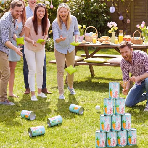 37 Pcs Party Knockdown Can Games Set 2-in-1 Bean Bag Toss and Slingshot Shooting Game with Metal Cans Bean Bags Slingshots Foam Balls for Family Gatherings Carnival