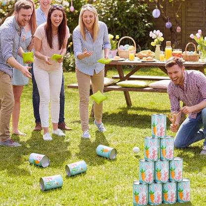 37 Pcs Party Knockdown Can Games Set 2-in-1 Bean Bag Toss and Slingshot Shooting Game with Metal Cans Bean Bags Slingshots Foam Balls for Family Gatherings Carnival