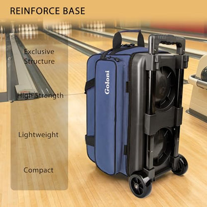 Goloni Double Roller 2 Ball Bowling Bag with Separate Shoe Compartment,2 Ball Bowling Bag with Wheels,Retractable Handle Extends to 40" - color: Blue