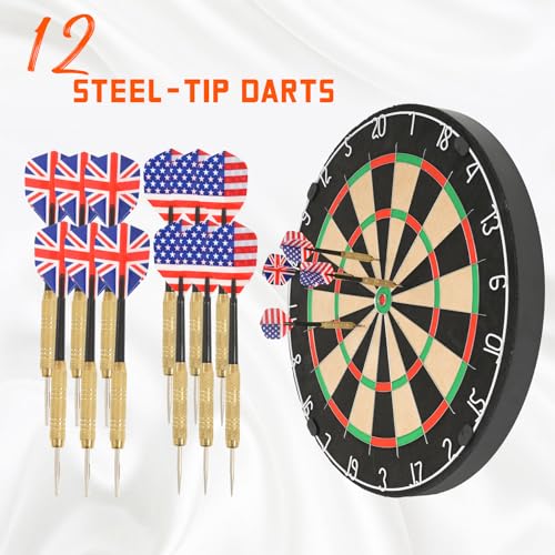 Sisal Dart Board Set, Professional Brazilian Sisal Dartboard-18 with 12 Steel Tip Darts. Stainless Steel Thin Wire System, Rotational Number Ring, Dartboard Mounting Kits Included