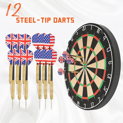 Sisal Dart Board Set, Professional Brazilian Sisal Dartboard-18 with 12 Steel Tip Darts. Stainless Steel Thin Wire System, Rotational Number Ring, Dartboard Mounting Kits Included