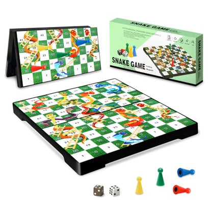 Magnetic Snakes and Ladders Board Game for Kids and Adults - 9" Compact Portable Travel Games with Pieces and Dice, Classic Foldable Family Game Set for 2-4 Players Ages 3 and Up
