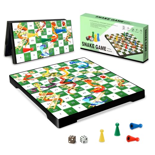 Magnetic Snakes and Ladders Board Game for Kids and Adults - 9" Compact Portable Travel Games with Pieces and Dice, Classic Foldable Family Game Set for 2-4 Players Ages 3 and Up