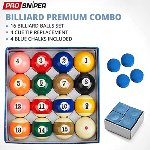Prosniper Billiard Balls - 16 Premium Pool Ball Set Including 4X Cue Tips and 4X Blue Chalk I 6 oz & 2.25 inches I Pool Table Accessories for Beginners & Professionals I Made of Pure Resin - style: premium