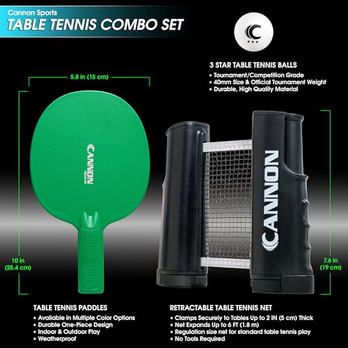 Cannon Sports Table Tennis Set – 4 Unbreakable Paddles, 6 3-Star Balls, Retractable Net & Carry Bag – Clamp-On Portable Ping Pong Net Fits Tables up to 2 Inch Thick, Extends to 6 Feet - color: Green