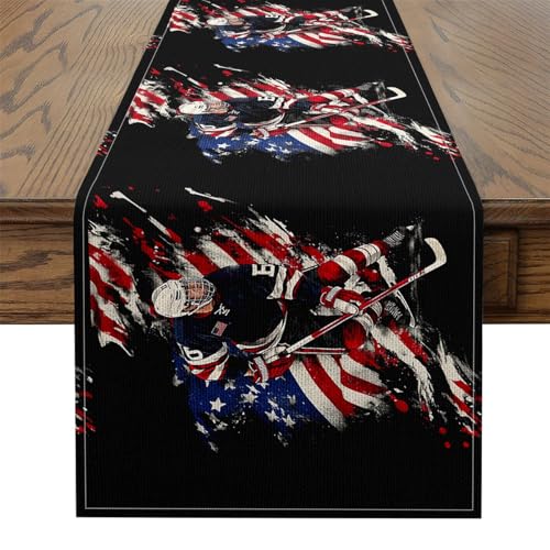 Erosebridal Hockey Player Table Runner for Boys Man,Ice Hockey Ball Games Table Runners 13X108 Inch for Kids Teens,Red Blue American Flag Dresser Runners,Winter Sports Game Rectangular Runner - size: 13" X 108"