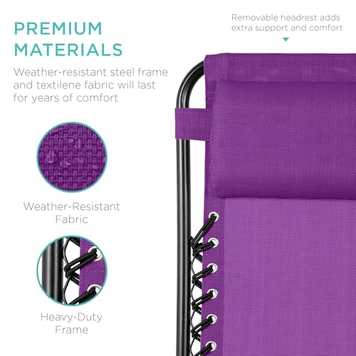 Best Choice Products Set of 2 Adjustable Steel Mesh Zero Gravity Lounge Chair Recliners w/Pillows and Cup Holder Trays - Amethyst Purple - color: Amethyst Purple, size: Standard