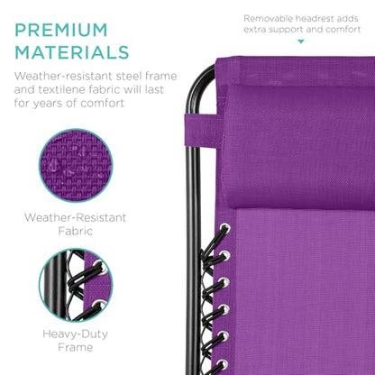 Best Choice Products Set of 2 Adjustable Steel Mesh Zero Gravity Lounge Chair Recliners w/Pillows and Cup Holder Trays - Amethyst Purple - color: Amethyst Purple, size: Standard