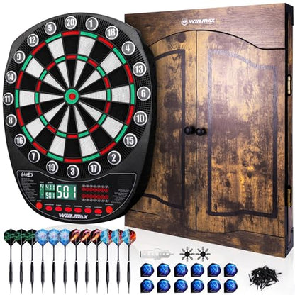 WIN.MAX Electronic Dart Board Soft Tip Dartboard Set LED Displays 3 Languges with Cabinet - style: brown