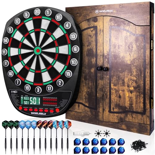 WIN.MAX Electronic Dart Board Soft Tip Dartboard Set LED Displays 3 Languges with Cabinet - style: brown