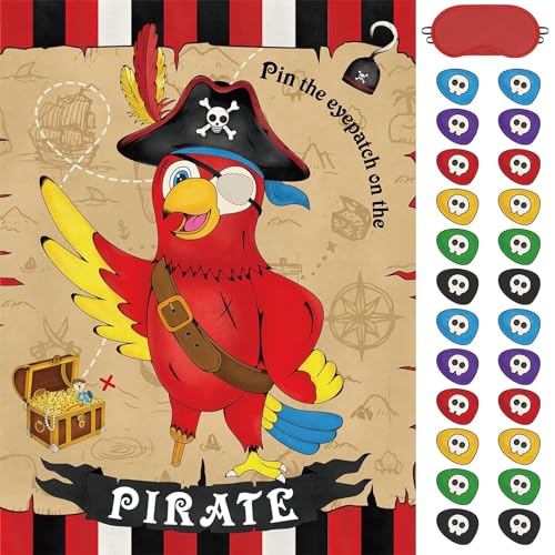 WERNNSAI Pin the Eyepatch on the Pirate - Pirate Birthday Party Supplies for Kids Boys Halloween Treasure Hunt Party Game 28" x 21" Parrot Poster with 24 Stickers and Blindfold - style: Pirate