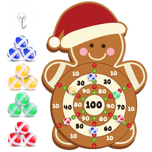 Gemscream 12 Pcs Christmas Game Christmas Dart Board Game Set with Large Gingerbread Man Dart Board Sticky Balls 20.87 × 29.53 inches for Merry Xmas Party Gift Decorations Family Games Indoor Outdoor