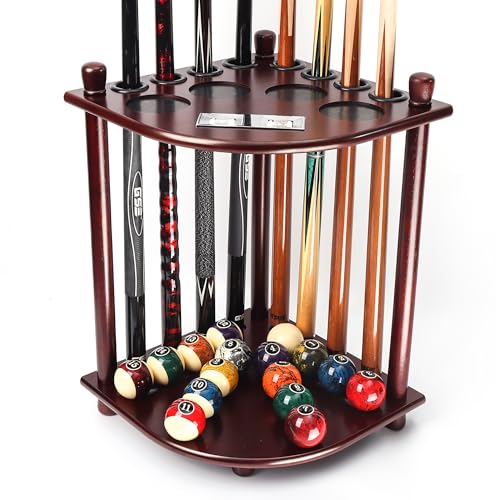 GSE Games & Sports Expert Corner-Style Floor Stand Billiard Pool Cue Racks with Score Counters, Holds Pool Cue Sticks, Balls Set, Ball Racks - color: Mahogany, style: 8 Cue, Corner Rack