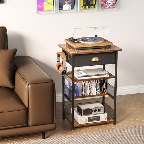 Hongtamoya 4-Tier AV Media Stand with Drawer, Video Game Console Shelf with 2 Hooks, Audio Rack Tower Perfect for/Xbox/ PS5/Switch/Game Consoles/DVD/Record Player/Projector/Sky Box/TV Accessories