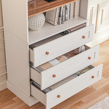 Vyre 71" Tall Farmhouse Bookshelves with Glass Doors and Drawers, Set of 2 – Large Modular Bookcase with Adjustable Shelves, Storage Cabinet for Living Room, Kitchen, White - color: White