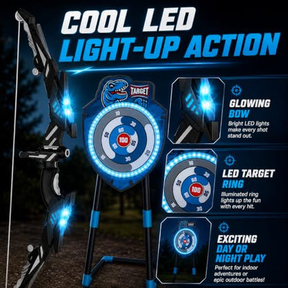 VROGTIK Kids Bow and Arrow Set, LED Light Up Archery Toy with Standing Target, 10 Suction Cup Arrows & Quiver, Indoor Outdoor Backyard Games, Birthday Gifts for Boys Girls Ages 3-12 - color: Blue