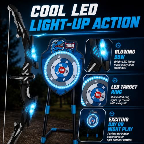 VROGTIK Kids Bow and Arrow Set, LED Light Up Archery Toy with Standing Target, 10 Suction Cup Arrows & Quiver, Indoor Outdoor Backyard Games, Birthday Gifts for Boys Girls Ages 3-12 - color: Blue