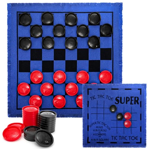 Yarlung Giant Checkers Set Tic Tac Toe Game, 3 in 1 Jumbo Checkers Game Board for Family Camping, Yard, Lawn Games, 2 Players, Blue Reversible Rug