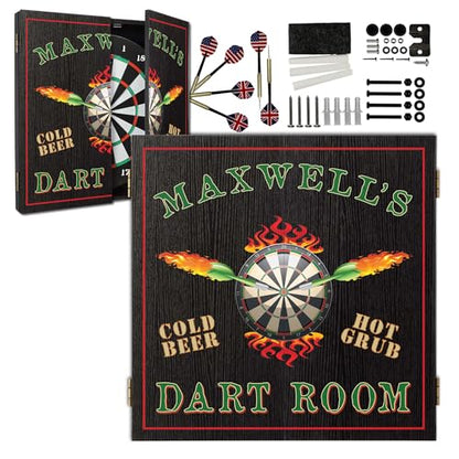 Personalized Dart Board Cabinet Set with 6 Steel Tip Darts, Paper Dartboard, Chalk & Eraser (21.5 x 21.5 x 2.75) - Man Cave Dart Boards for Adults - style: Dart Room' (Flames Design)