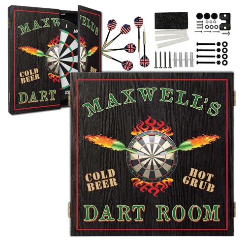 Personalized Dart Board Cabinet Set with 6 Steel Tip Darts, Paper Dartboard, Chalk & Eraser (21.5 x 21.5 x 2.75) - Man Cave Dart Boards for Adults - style: Dart Room' (Flames Design)
